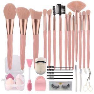30Pcs Pink Natural Synthetic Makeup Brushes With Sponges Make-up Tool Set